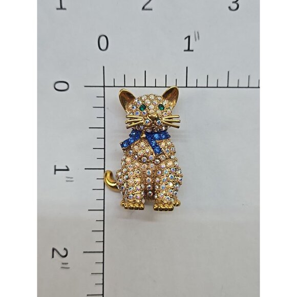 Signed Butler Cat Brooch Pin Vintage Aurora Borealis Blue Bow - Picture 8 of 8